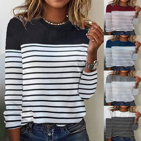Long Sleeve Striped Two-Color Printed Splicing Crew Neck Top T-Shirt m300892