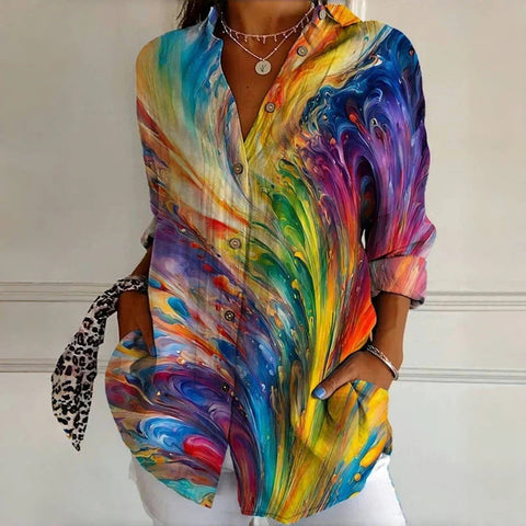 Women's long-sleeved printed top lapel shirt m301227