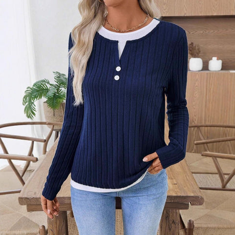 Fake two-piece crew neck button pullover polished long-sleeved T-shirt m302169