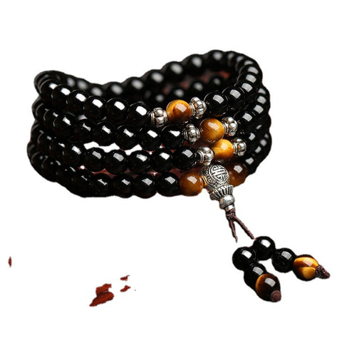 Women's tiger's eye stone bracelet, ethnic style 108 Buddha beads, multi-circle crystal m3331296