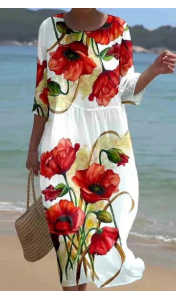 Loose crew neck fashion high-end long-sleeved printed dress m301053