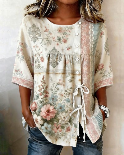 Temperament women's long-sleeved shirt printed top lace-up shirt m302925