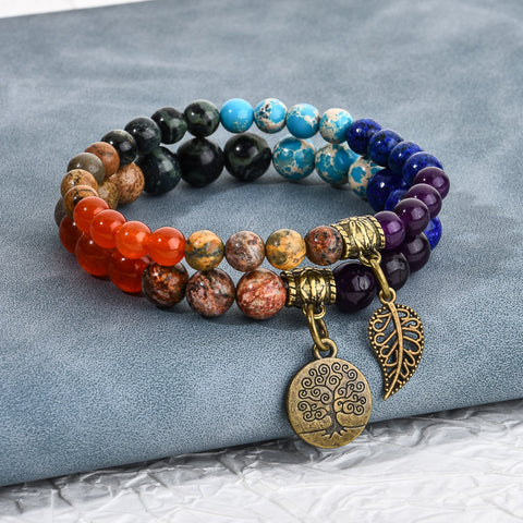 Tree of Life Leaf Pendant Set Bracelet Colorful Tiger Eye Amethyst Agate Bracelet m3331289