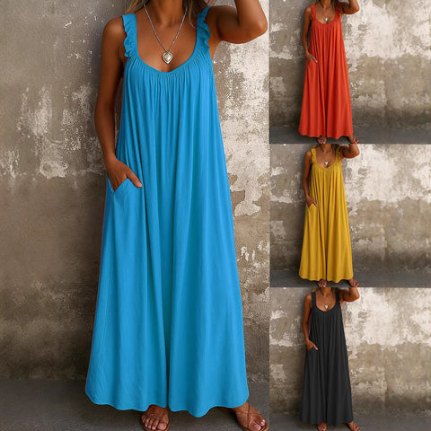 Casual suspender U-neck regular pleated multi-color women's dress m301443