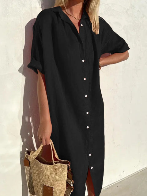 Elegant Casual Loose Short Sleeve Button Cotton and Linen Long Pocket Shirt Dress m301256