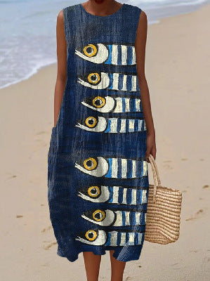 New sleeveless casual printing temperament long dress dress slim fit small fresh casual dress m301521