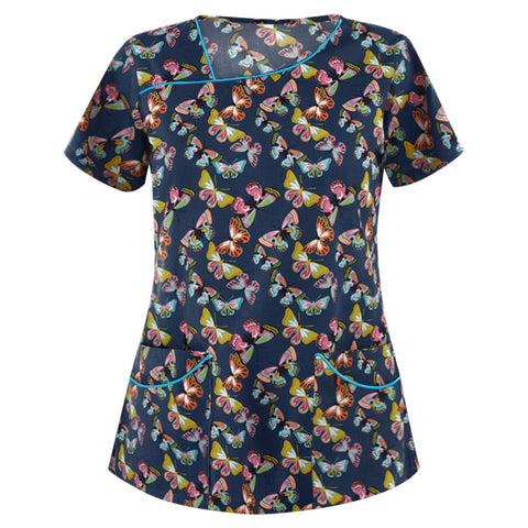 Printed V-neck short-sleeved pocket T-shirt women's top m301596