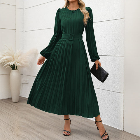 Dress long sleeve pleated round neck high waist long dress women m300809