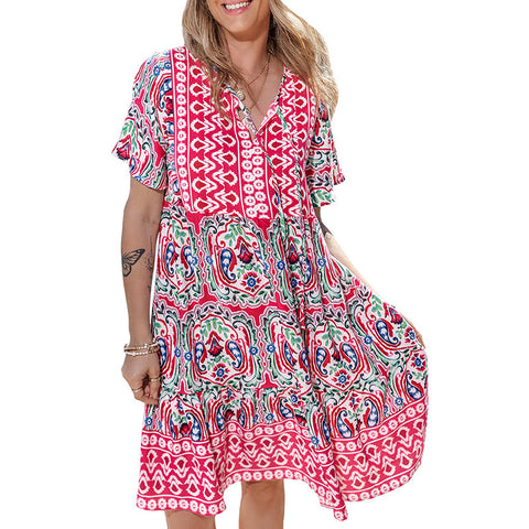 New V-neck dress fashionable loose bohemian print skirt m300994