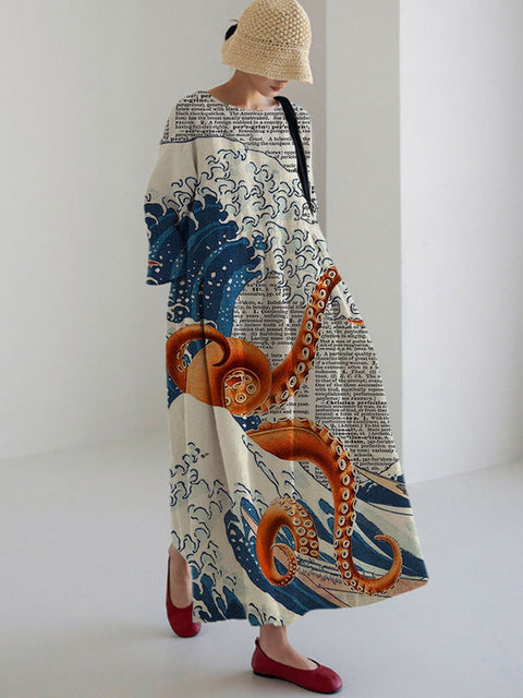 Loose crew neck fashion high-end long-sleeved printed dress m301054