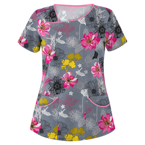 Printed V-neck short-sleeved pocket T-shirt women's top m301596