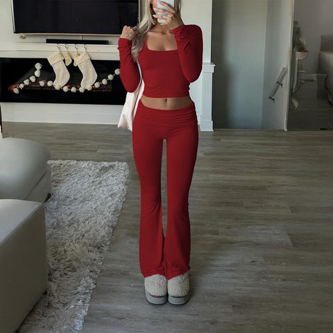 Solid color casual knitted long-sleeved top yoga suit two-piece pants set m301815