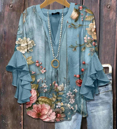 Digital printing casual trend V-neck lotus edge T-shirt women's m302725-2