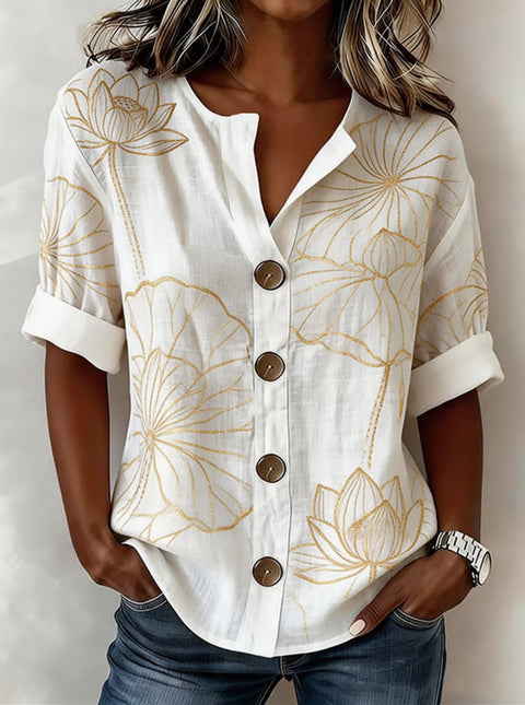V-Neck Shirt Medium Sleeve Flower Print Button Casual Ladies Shirt m302697