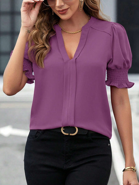 New V-neck temperament bubble sleeves solid color shirt blouse m301005