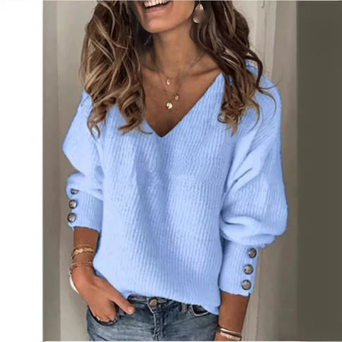 Solid color versatile knitted V-neck loose long-sleeved T-shirt m300587