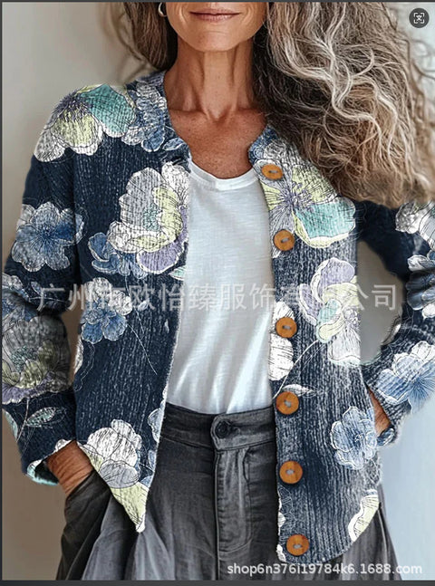 Autumn new colorful warm sunshine flower sea printed button cardigan m301725