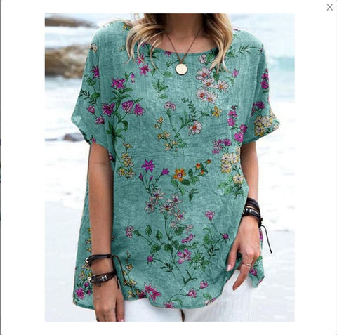 Loose round neck short-sleeved cotton and linen top women's m301281