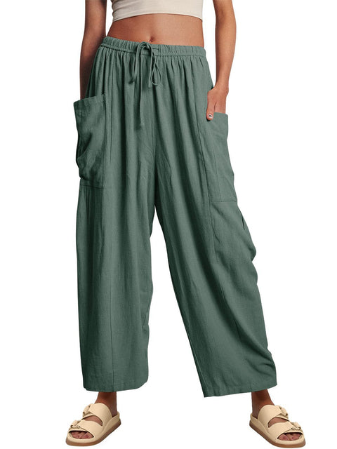 Elastic waist pleated middle waist straight pants loose casual cotton and linen nine-point pants m301883