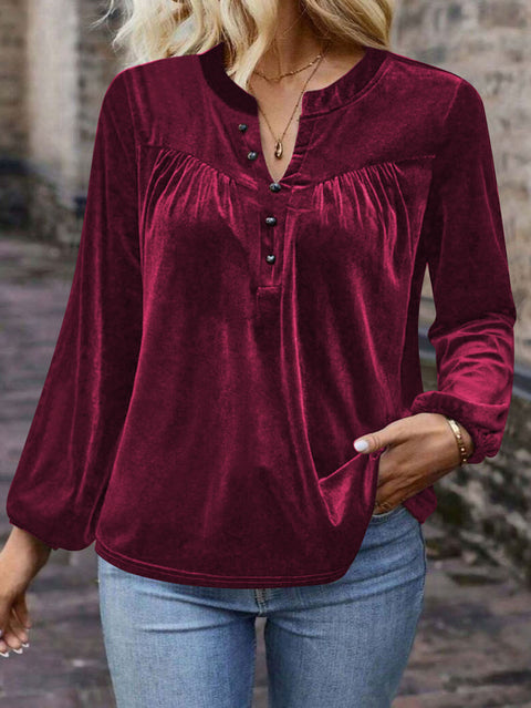 Solid color pullover V-neck casual temperament commuter button long sleeve top women m302275