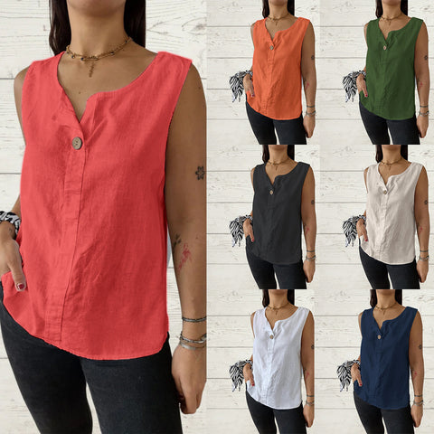 Loose vest shirt women's V-neck cotton and linen button-up top women's m301206