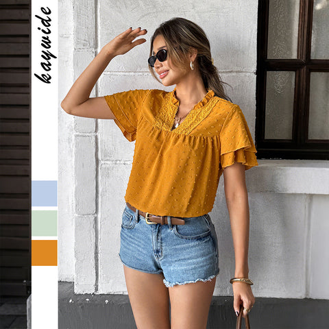 Elegant Vacation Deep V Lace Short Sleeve Blouse m301390