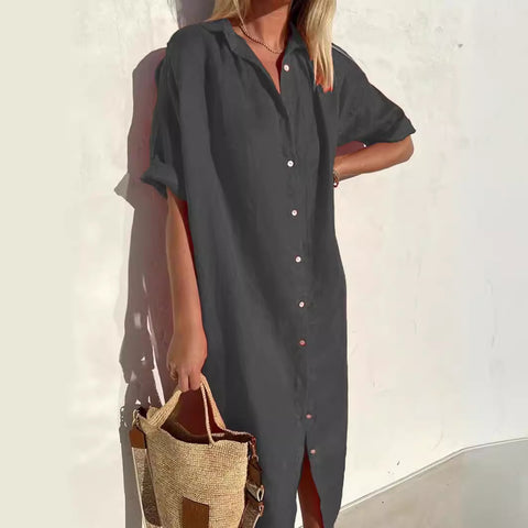 Elegant Casual Loose Short Sleeve Button Cotton and Linen Long Pocket Shirt Dress m301256