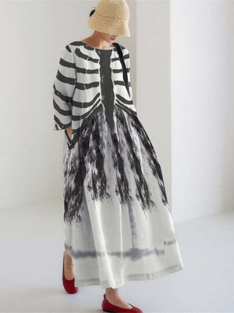 Loose crew neck fashion high-end long-sleeved printed dress m301054