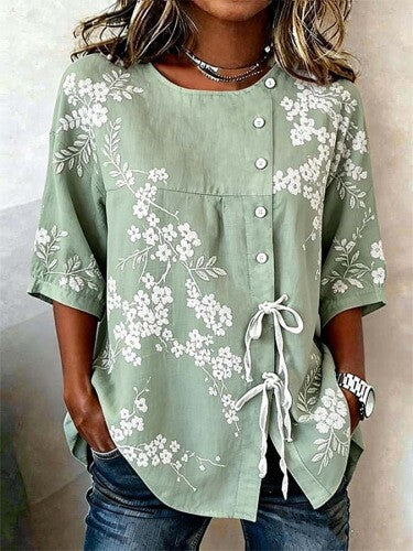 Color matching loose blouse five-button drawstring m302924