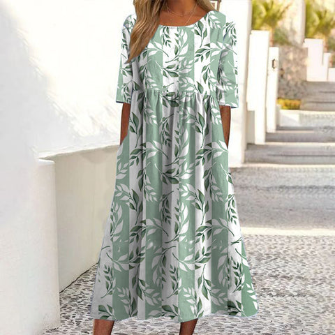 Women's Fashion Loose Floral Print Crew Neck Short Sleeve Pocket Dress m302800