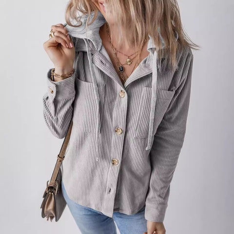 Lapel buckle cardigan purse hooded pull rope striped jacket women m301008