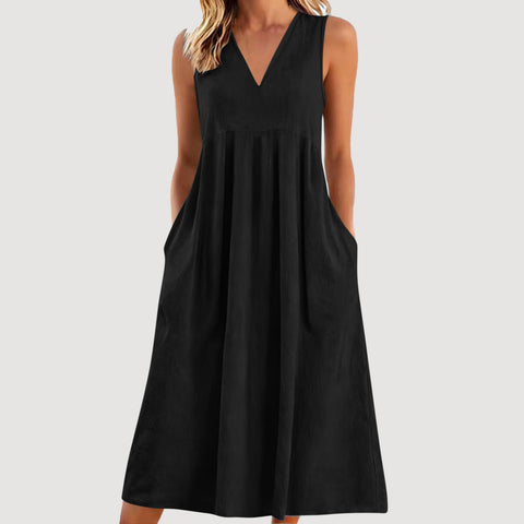 Solid color pullover V-neck sleeveless cotton loose dress m302773