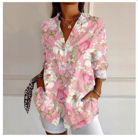 3D digital printing abstract pattern women's long-sleeved buckle linen shirt m301277