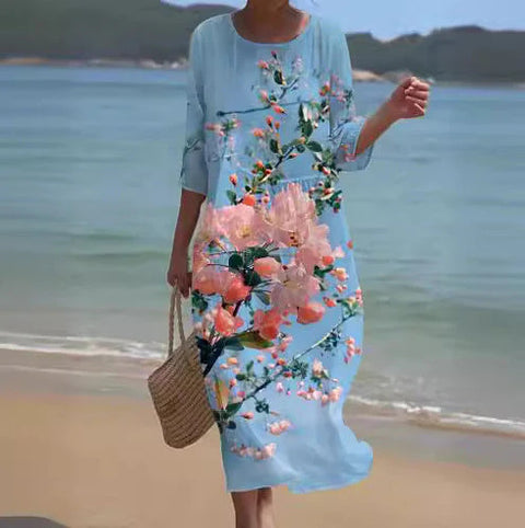 Loose crew neck fashion high-end long-sleeved printed dress m301053