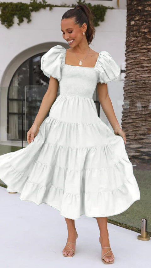 Puff Sleeve Holiday Slim Looking Long Dress off-Shoulder Printed Dress Female M300282