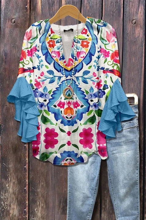 Creative floral element printing digital printing casual trend V-neck lotus edge T-shirt m301358
