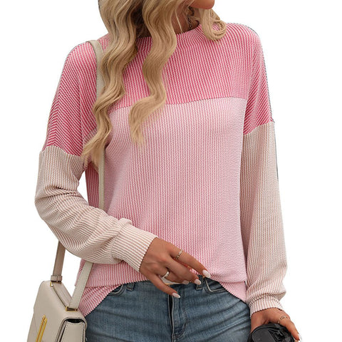 New round neck twist strip color matching long sleeve loose T-shirt women's m300963