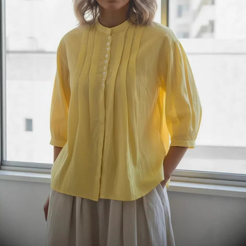 Women's cotton shirt solid color casual button-down pleated shirt m302690