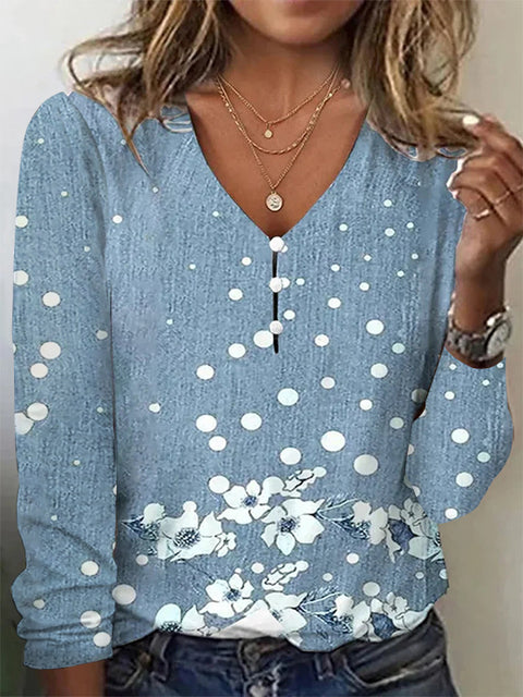 V-neck star tie-dye pearl button long-sleeved T-shirt sweater m300609
