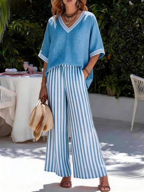 Women's casual striped comfortable loose V-neck two-piece set m302912