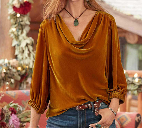 Long Sleeve Bottom Women's Top Solid Color Golden Velvet Pile Collar Pleated T-Shirt m302273