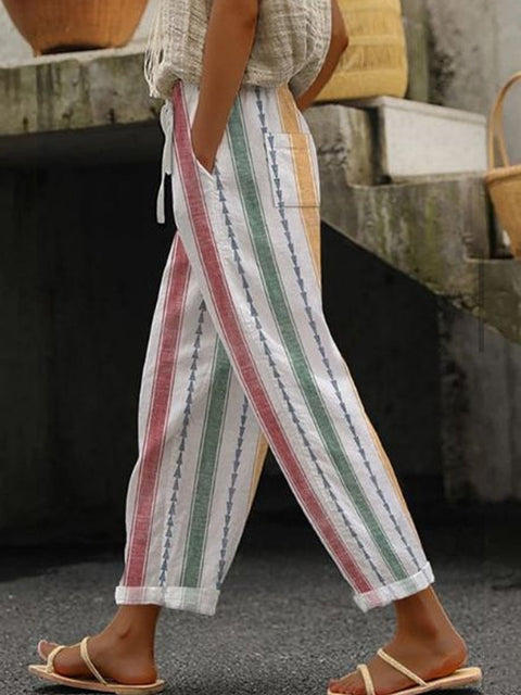 Regular drawstring pocket slacks multi-color digital print women's trousers m301434