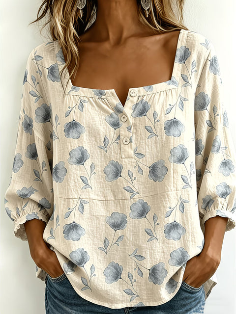Women's square collar button-down shoulder seven-quarter sleeve medium sleeve T-shirt trend m302838