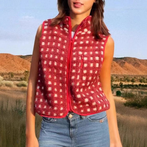 Women's Waffle Fleece Vest Sleeveless Turtleneck Zip-Up Vest Top m302135