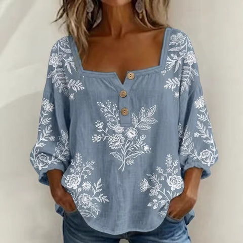 Floral print 3-button elegant wide neck top m302847