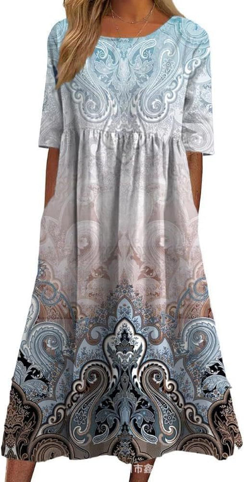 Ladies Casual Crew Neck Pullover Short Sleeve 3D Printing Pleated Waist Swing Long Dress Dress m301299