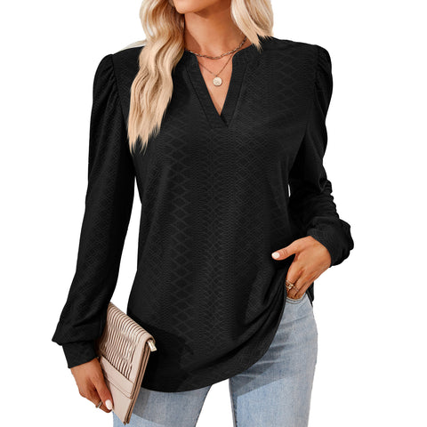 Solid color V-neck jacquard long-sleeved loose T-shirt top m300402