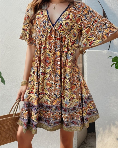 Spring and Summer Vacation Casual Printed V-neck Dress M300211