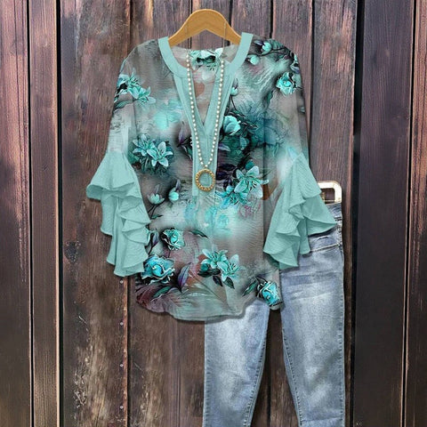 Digital printing casual trend V-neck lotus edge T-shirt women's m302725-2
