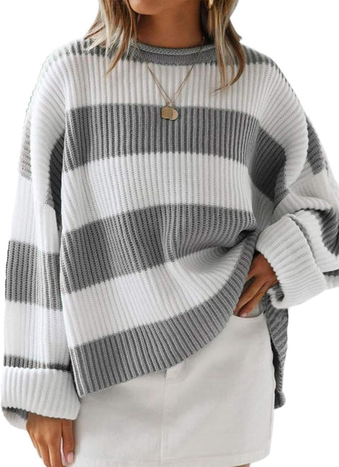 Crew neck long sleeve striped knitted sweater flared sleeve loose sweater women m301591